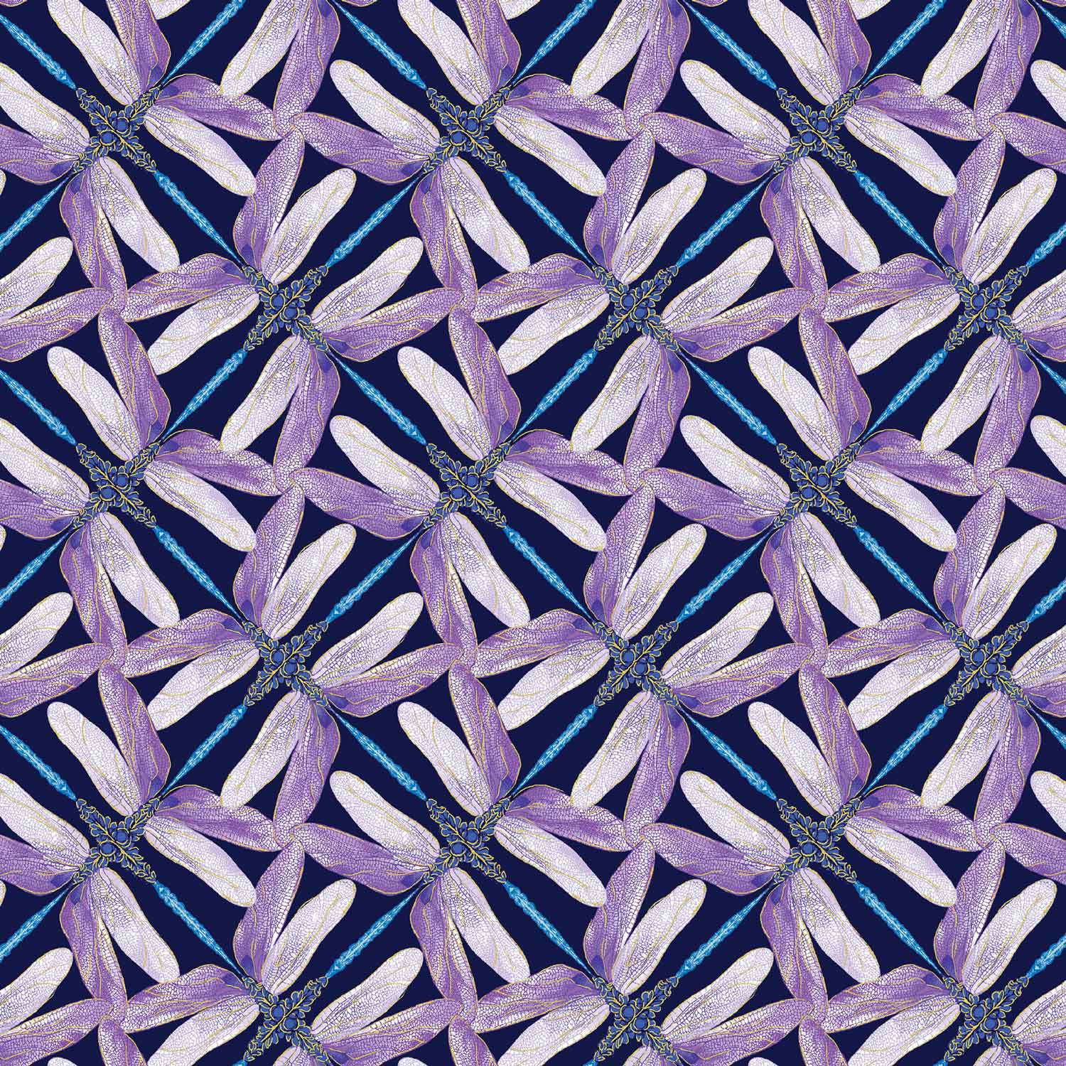 Dance Of The Dragonfly Pinwheel Geo Navy/Violet - Kanvas Benartex - Three Wishes Patchwork Fabric
