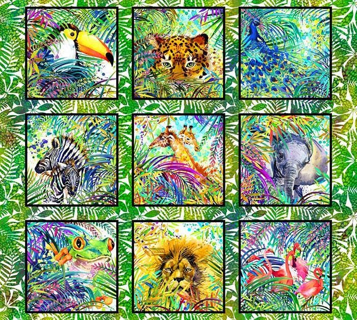 Digital print jungle animals panel toucan leopard peacock zebra giraffe elephant tree frog lion flamingos tropical palm fronds fabric for children's quilts and jungle themed projects

