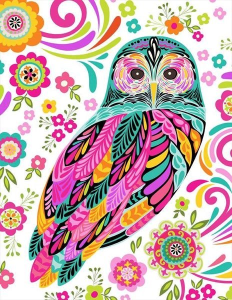 Retro owls flowers white pink turquoise orange fabric for quilts wall hangings bags patchwork sewing projects