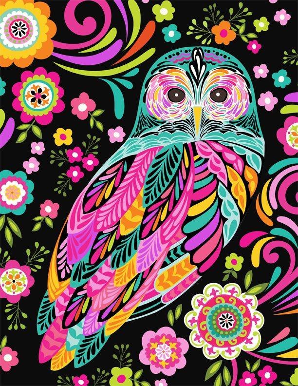 Owl retro flowers black pink turquoise orange fabric for quilts wall hangings bags patchwork sewing projects