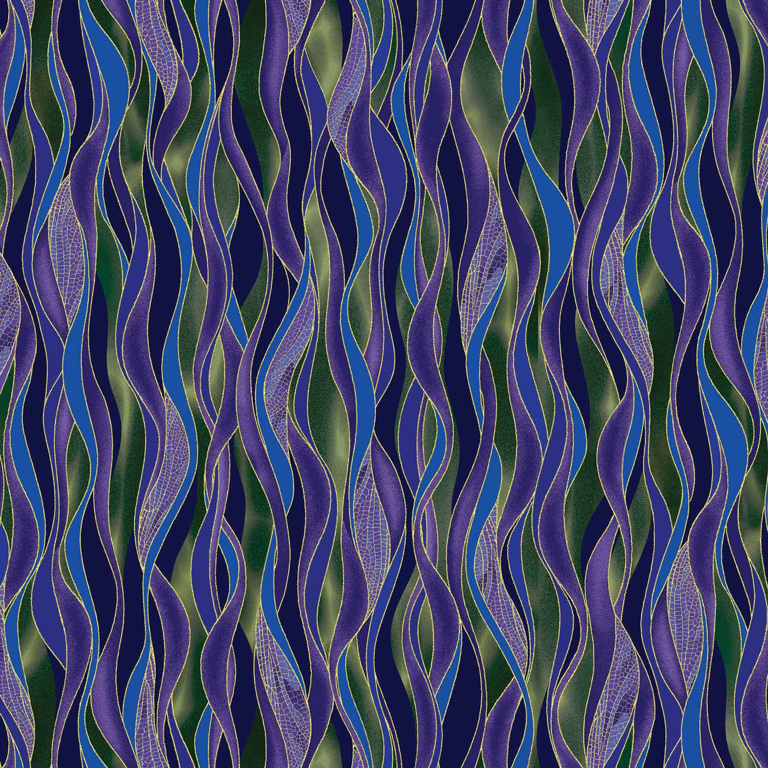 Dance Of The Dragonfly: Dancing Waves (Evergreen/Purple) - Three Wishes Patchwork Fabric