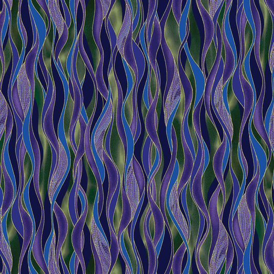 Dance Of The Dragonfly: Dancing Waves (Evergreen/Purple) - Three Wishes Patchwork Fabric