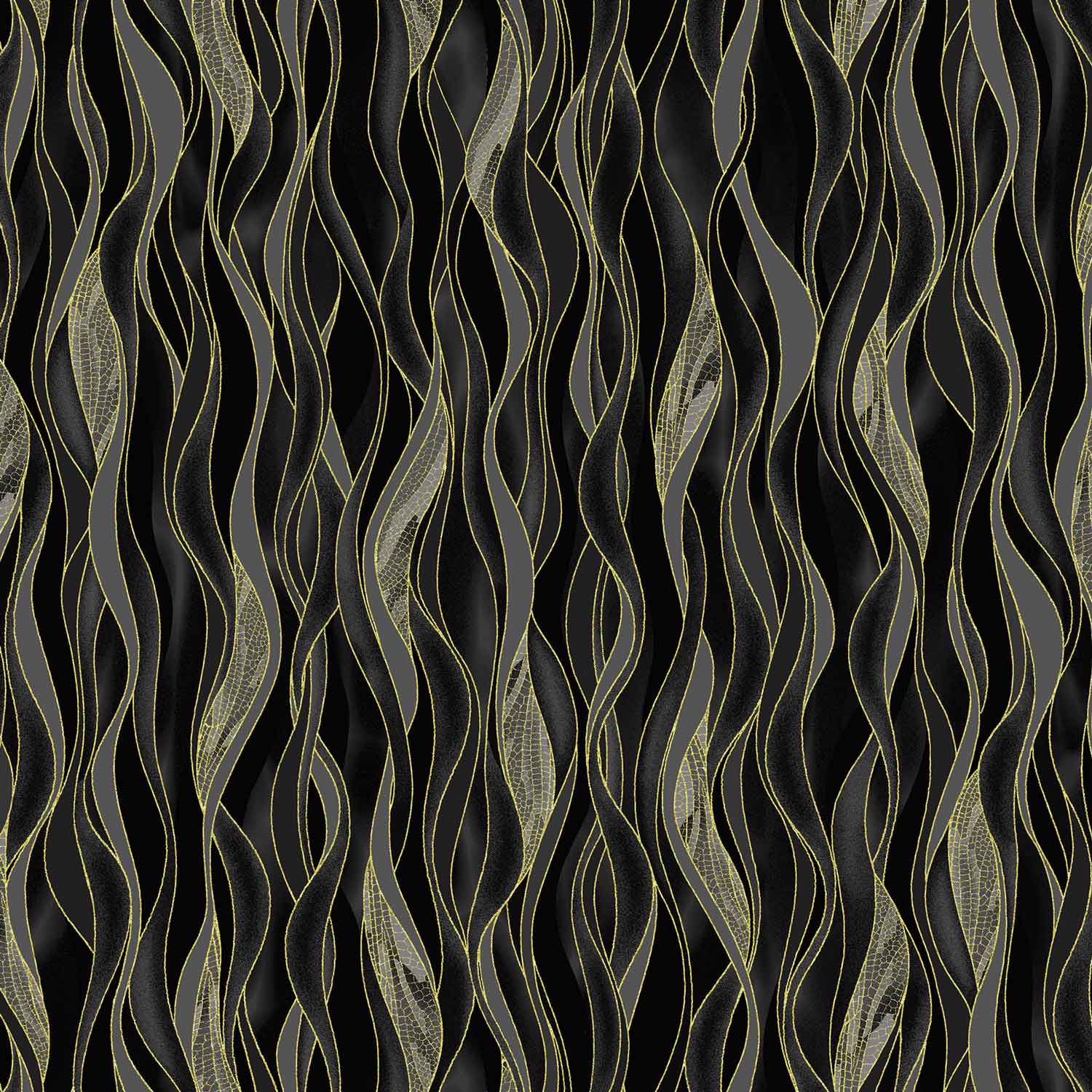 Dance Of The Dragonfly: Dancing Waves (Black/Gold) - Three Wishes Patchwork Fabric