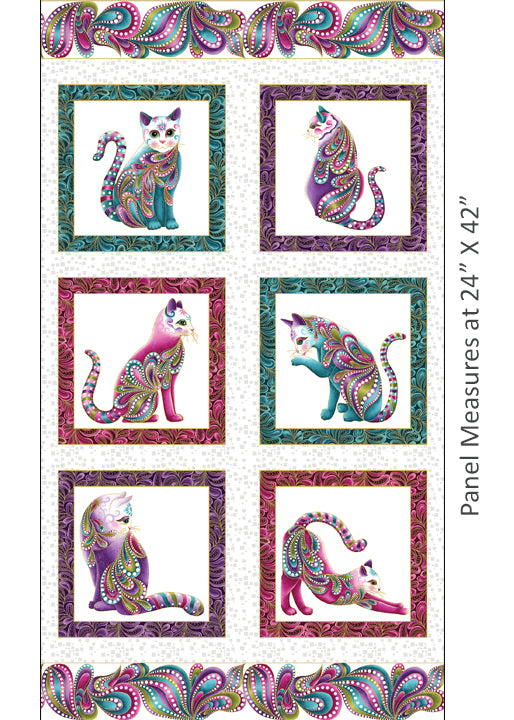 Cat-i-tude Panel White/Multi - Ann Lauer Benartex - Three Wishes Patchwork Fabric