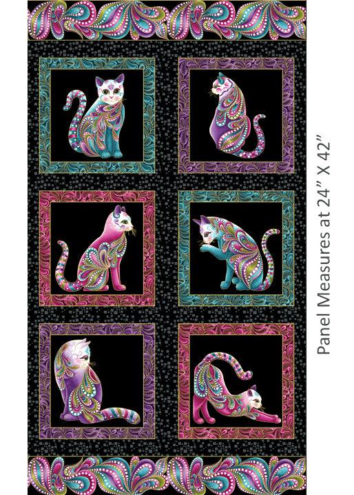 Cat-i-tude Panel Black/Multi - Ann Lauer Benartex - Three Wishes Patchwork Fabric