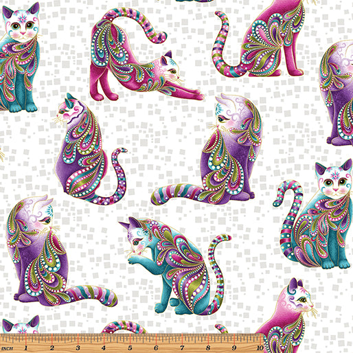 Cat-i-tude Artist-O-Cats White/Multi - Ann Lauer Benartex - Three Wishes Patchwork Fabric