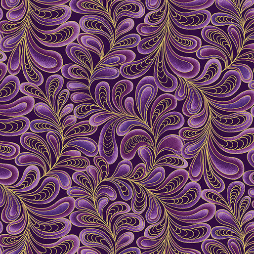 Cat-i-tude Feather Frolic Purple Gold Metallic - Ann Lauer Benartex - Three Wishes Patchwork Fabric