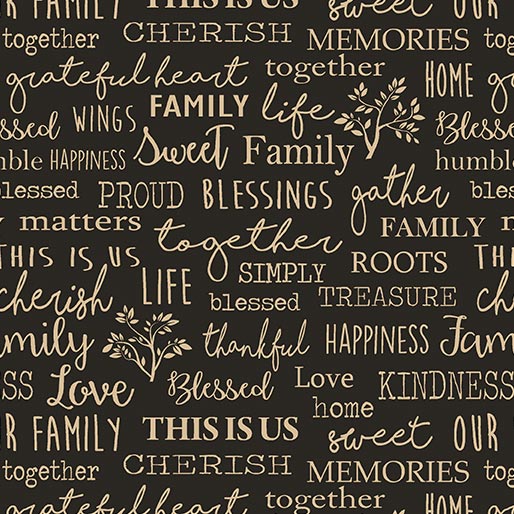 Quilter Barn Prints: Family Words (Black)