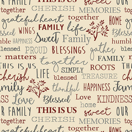 Quilter Barn Prints: Family Words (Beige)