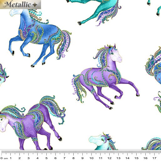 Horsen Around Small Reigning Horses White/Multi - Benartex - Three Wishes Patchwork Fabric