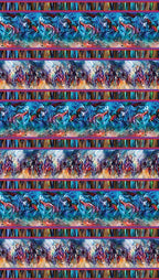 Watercolour horses stripe fabric turquoise red purple multicolour brushstrokes fabric for horse-themed quilts borders and cushions