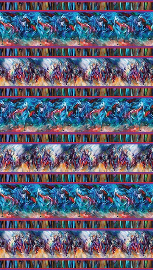 Watercolour horses stripe fabric turquoise red purple multicolour brushstrokes fabric for horse-themed quilts borders and cushions