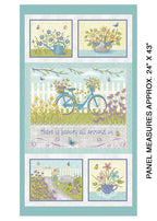 Butterfly Garden panel with bicycle, flowers, garden scenes and There is beauty all around us quote on aqua quilting cotton patchwork fabric for sewing projects