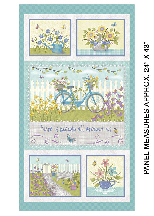 Butterfly Garden panel with bicycle, flowers, garden scenes and There is beauty all around us quote on aqua quilting cotton patchwork fabric for sewing projects