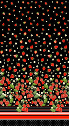 Single border black fabric with red strawberries, green leaves, red black stripes and polka dots for quilting patchwork sewing projects
