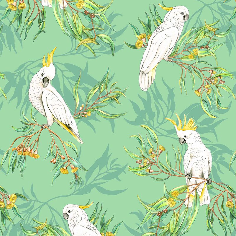 Gumtree Friends: Cockatoos (Green) - Three Wishes Patchwork Fabric