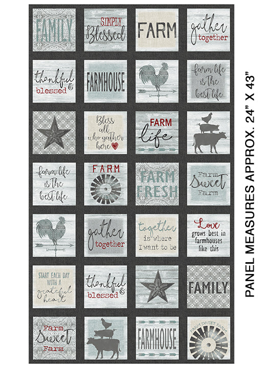 Farm Sweet Farm: Squares Panel (Grey/Multi) - Three Wishes Patchwork Fabric