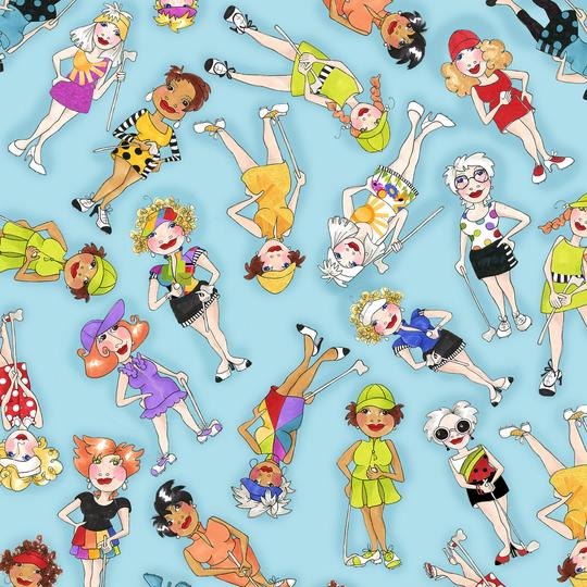 Loralie Designs: Golf Happy Tossed Golfer Girls - Turquoise - Three Wishes Patchwork Fabric