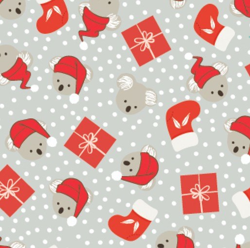 Festive quilting fabric with koalas wearing Santa hats and red Christmas presents on grey background