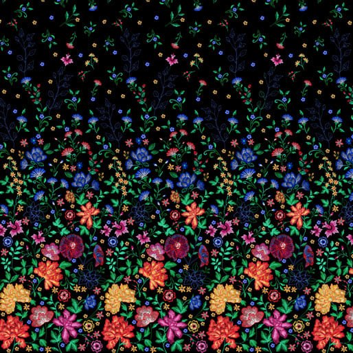 Embroidered Elegance: Single Border (Black) - Three Wishes Patchwork Fabric