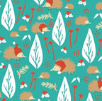 Australian Christmas fabric with echidnas and native flowers on turquoise background