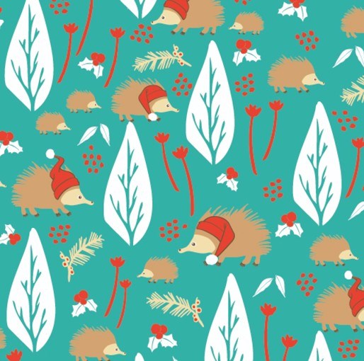 Australian Christmas fabric with echidnas and native flowers on turquoise background