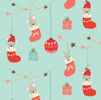Festive quilting fabric with koalas wearing Christmas stockings and Santa hats on teal background