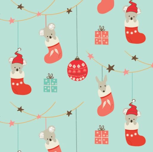 Festive quilting fabric with koalas wearing Christmas stockings and Santa hats on teal background
