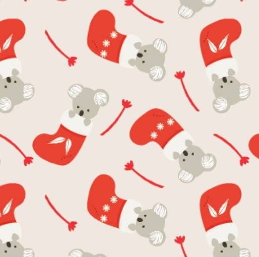 Christmas quilting cotton with small tossed koalas in red stockings on cream background