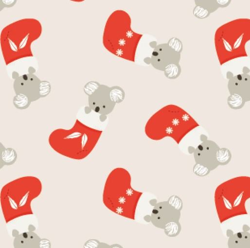 Festive quilting cotton with koalas in red Christmas stockings on cream background