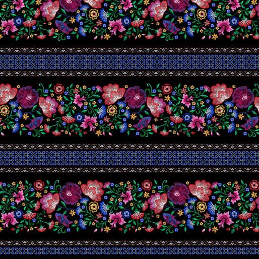 Embroidered Elegance: Stripe (Black) - Three Wishes Patchwork Fabric