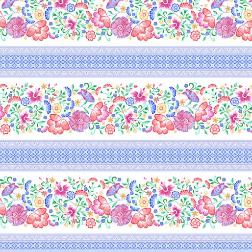 Embroidered Elegance: Stripe (Blue) - Three Wishes Patchwork Fabric