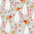 Australian Christmas fabric with echidnas in Santa hats and native flowers on grey background