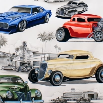 Vintage cars "Chopped & Channeled' by Alexander Henry - Three Wishes Patchwork Fabric