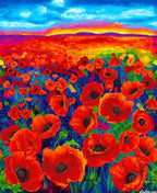 Red orange poppy field panel with rainbow sky fabric for feature quilts and wall hangings digitally printed