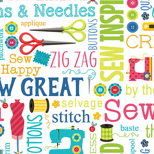 Sew Excited--Sew Wordy--White by Benartex - Three Wishes Patchwork Fabric