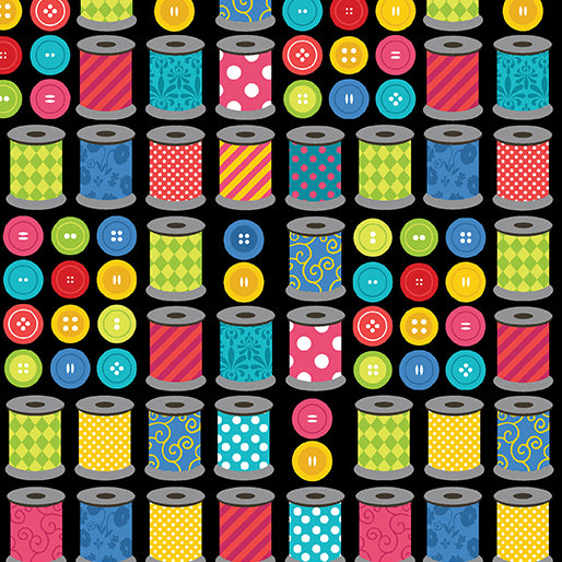 Sew Excited--Spools of Fun--Black by Benartex - Three Wishes Patchwork Fabric