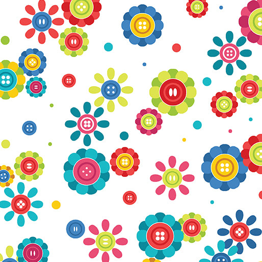 Sew Excited--Cute As A Button-- White by Benartex - Three Wishes Patchwork Fabric