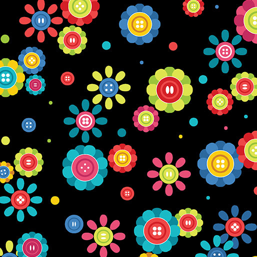 Sew Excited--Cute As A Button-- Black  by Benartex - Three Wishes Patchwork Fabric