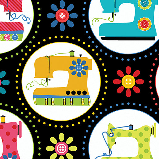 Sew Excited--Sewing Machine Fun--Black by Benartex - Three Wishes Patchwork Fabric