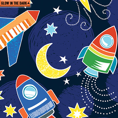 All Systems Glow: Rockets (Navy Blue) - Three Wishes Patchwork Fabric