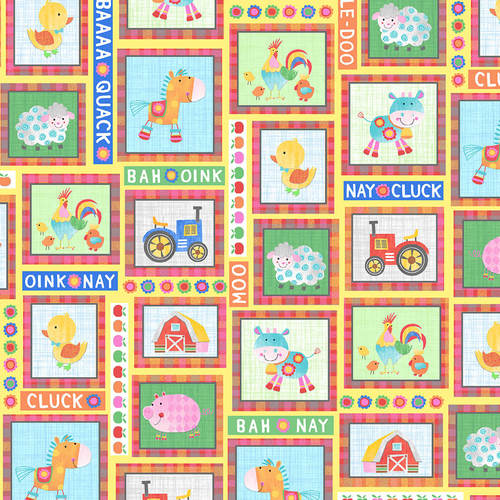 Oink Moo Cock-A-Doodle Doo Farm Animals Squares by Blank Fabrics