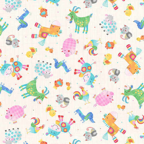 Oink Moo Cock-A-Doodle Doo Tossed Farm Animals by Blank Fabrics