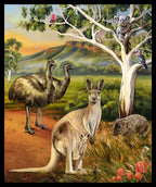 Australian wildlife kangaroos joey emus koala wombat kookaburras eucalyptus outback panel fabric for Australian-themed quilts and wall hangings
