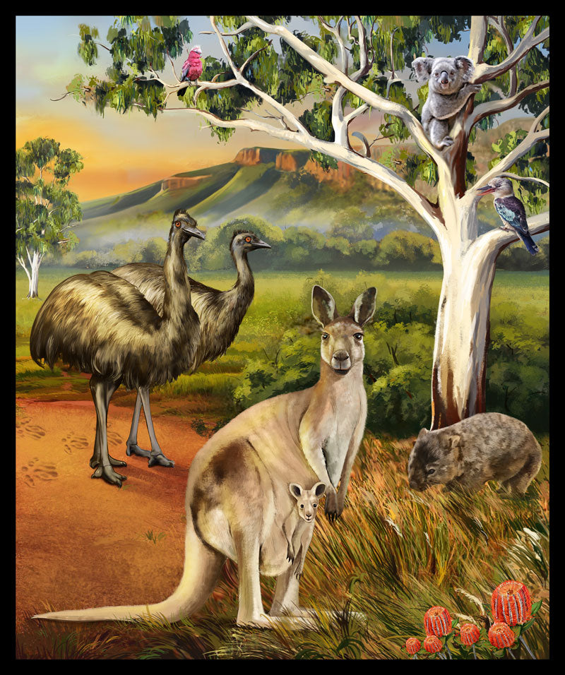 Australian wildlife kangaroos joey emus koala wombat kookaburras eucalyptus outback panel fabric for Australian-themed quilts and wall hangings