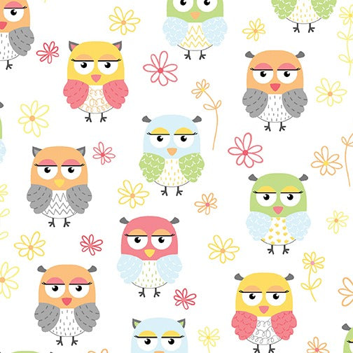 Friendship Forest Owls on White by Kanvas for Benartex