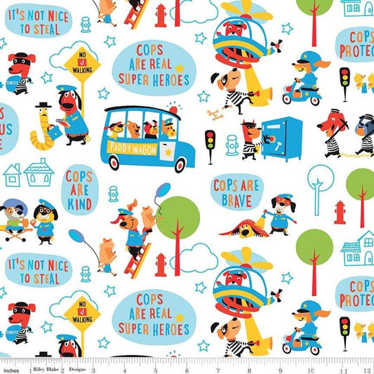 Cops & Robbers: Main (White) - Three Wishes Patchwork Fabric