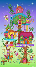 Panel fairy treehouse village colourful houses fairies butterflies gradient purple green fabric for wall hangings baby quilts and children's projects