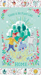 Dorothy's Journey mint sparkle panel Wizard of Oz characters and yellow brick road for quilts sewing projects