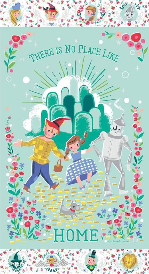 Dorothy's Journey mint sparkle panel Wizard of Oz characters and yellow brick road for quilts sewing projects